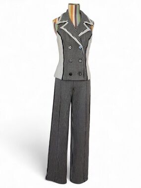 Joseph Ribkoff 2PC Vest & Pant Suit Set Striped & Polka Dot Double Breasted